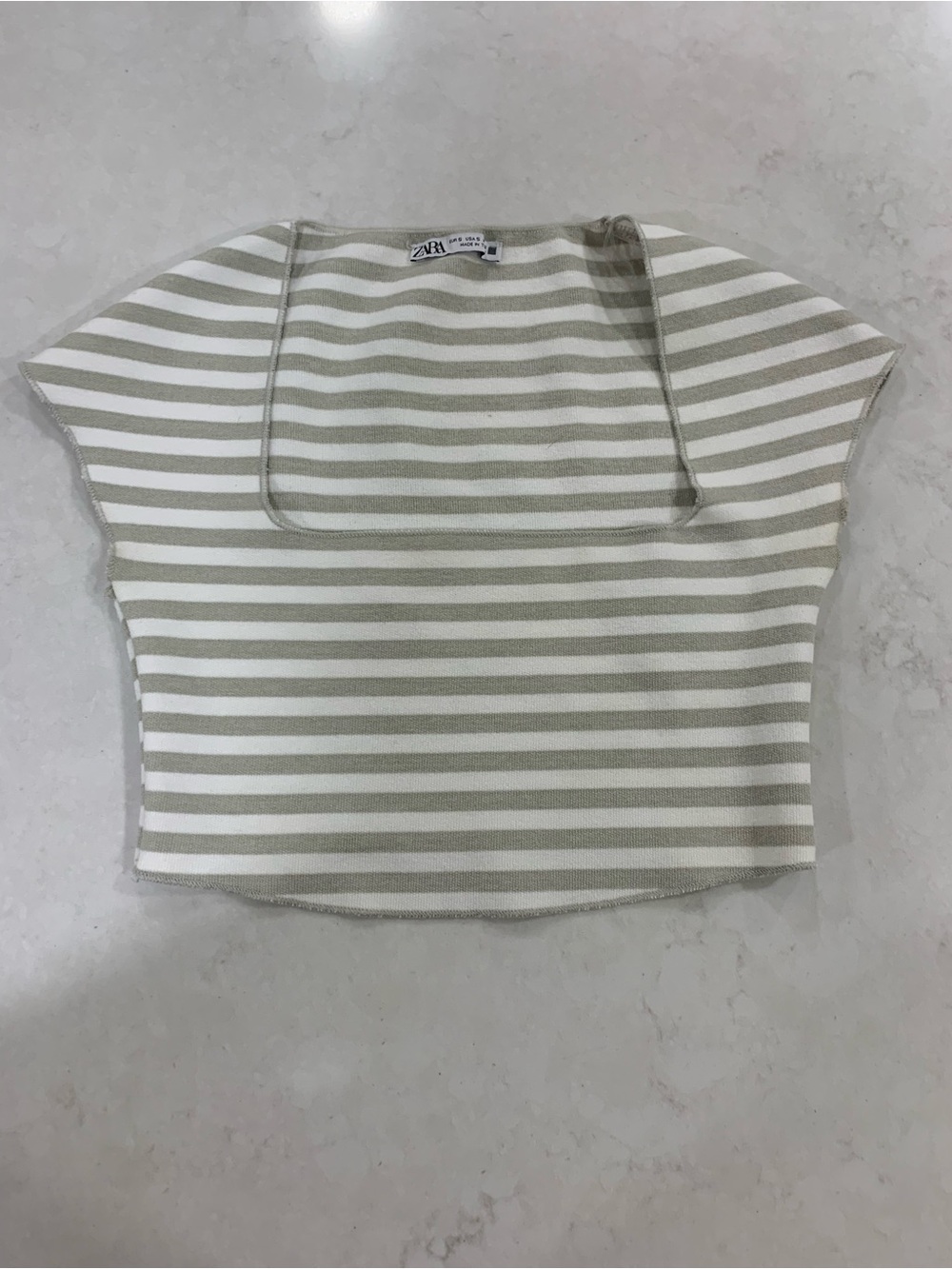 Zara Striped Square Neck Crop Top in White and Light Olive